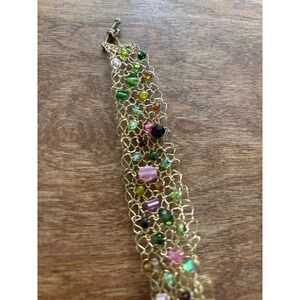Boho Wire Crochet Mesh Cuff Bracelet Multi Color Glass Bead Gold Tone Toggle